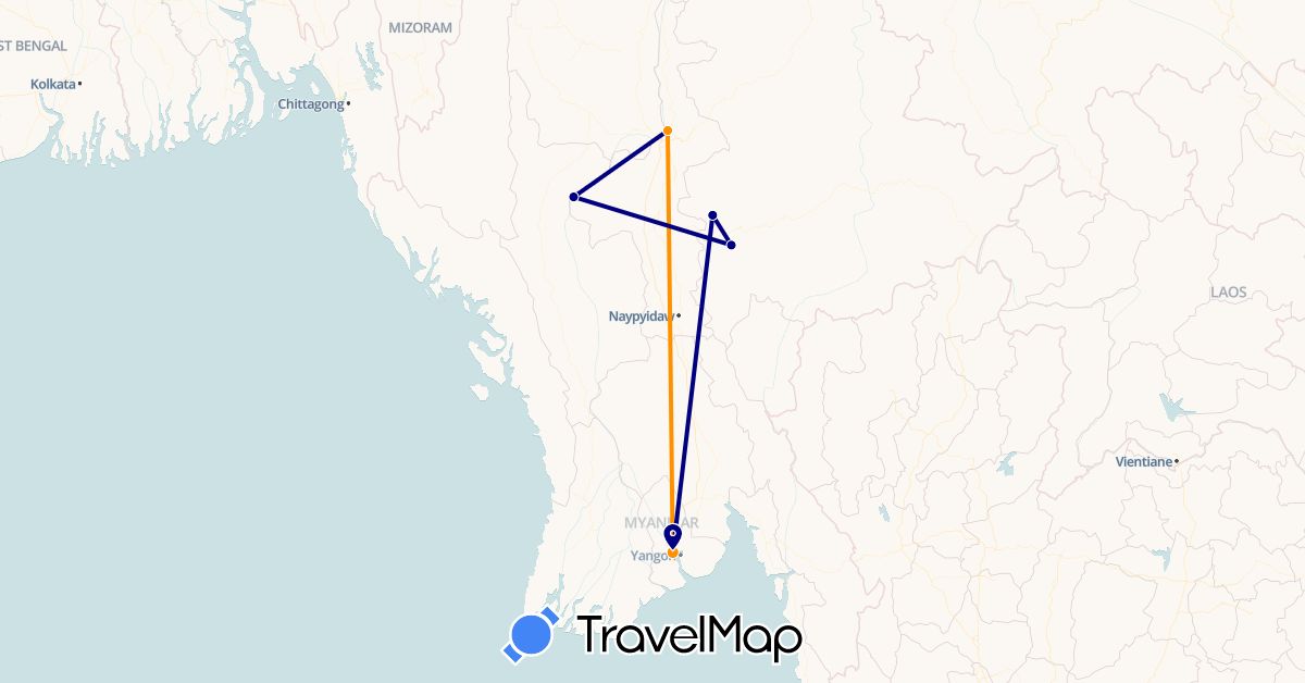 TravelMap itinerary: driving, hitchhiking in Myanmar (Burma) (Asia)